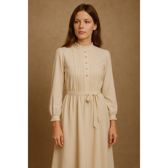 Dresses & Skirts - JC Penney Fashion Dress Womens Size Medium Ivory Ruffle Lace Pleated Long Sleeve